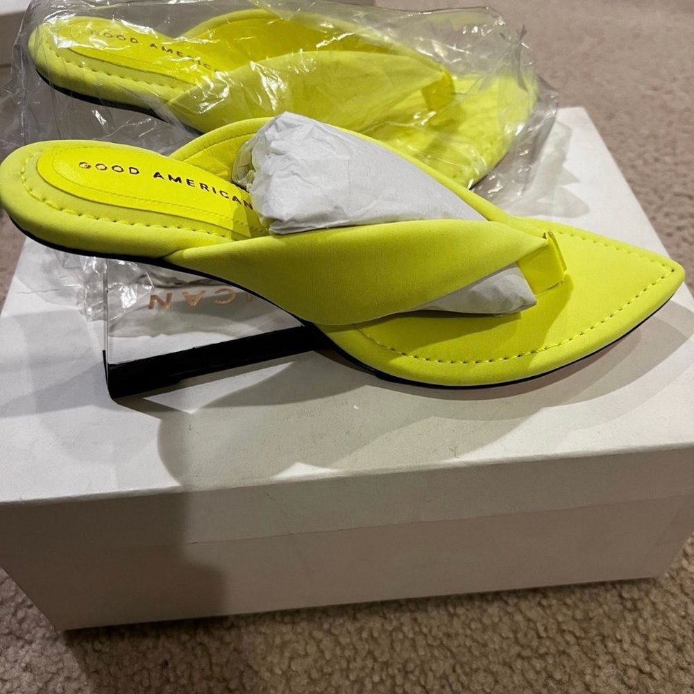 Good American Neon Chartreuse Cinder F*cking Rella Wedge Sandals.